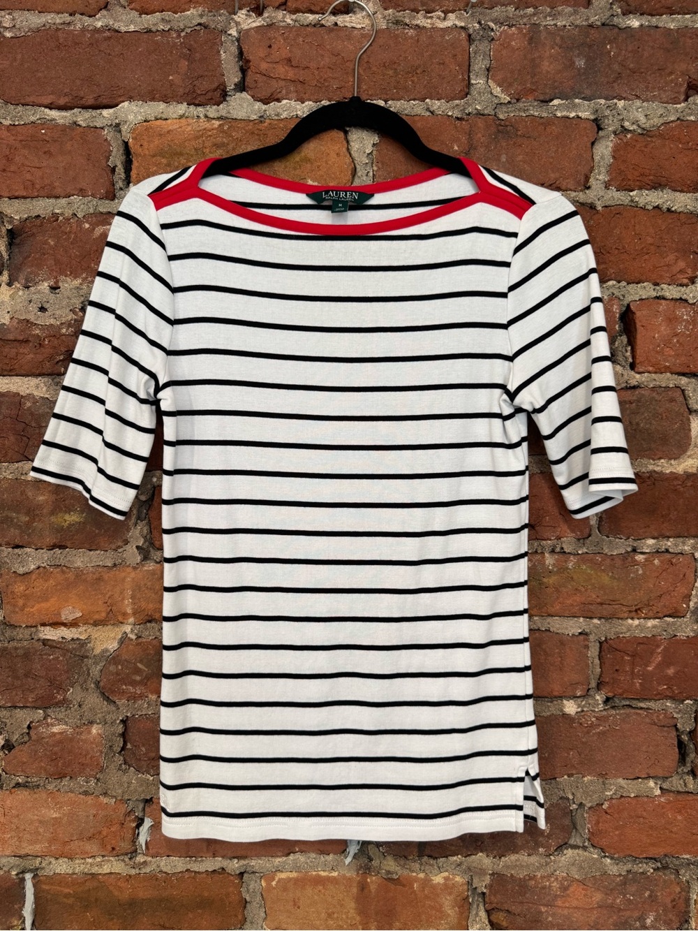 Lauren Ralph Lauren White and Black Striped Short Sleeve Top with Red Trim
